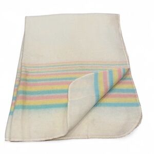 𝅺Esmond Acrylic Striped Pastel Yellow Blue Pink Baby Blanket Vintage Retro